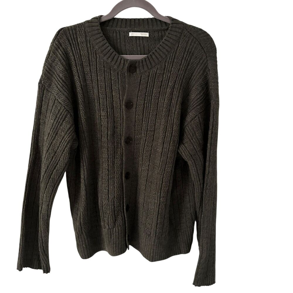 Zara Grey Green Knit Button Up Grandma Wool Blend Cardigan Sweater M